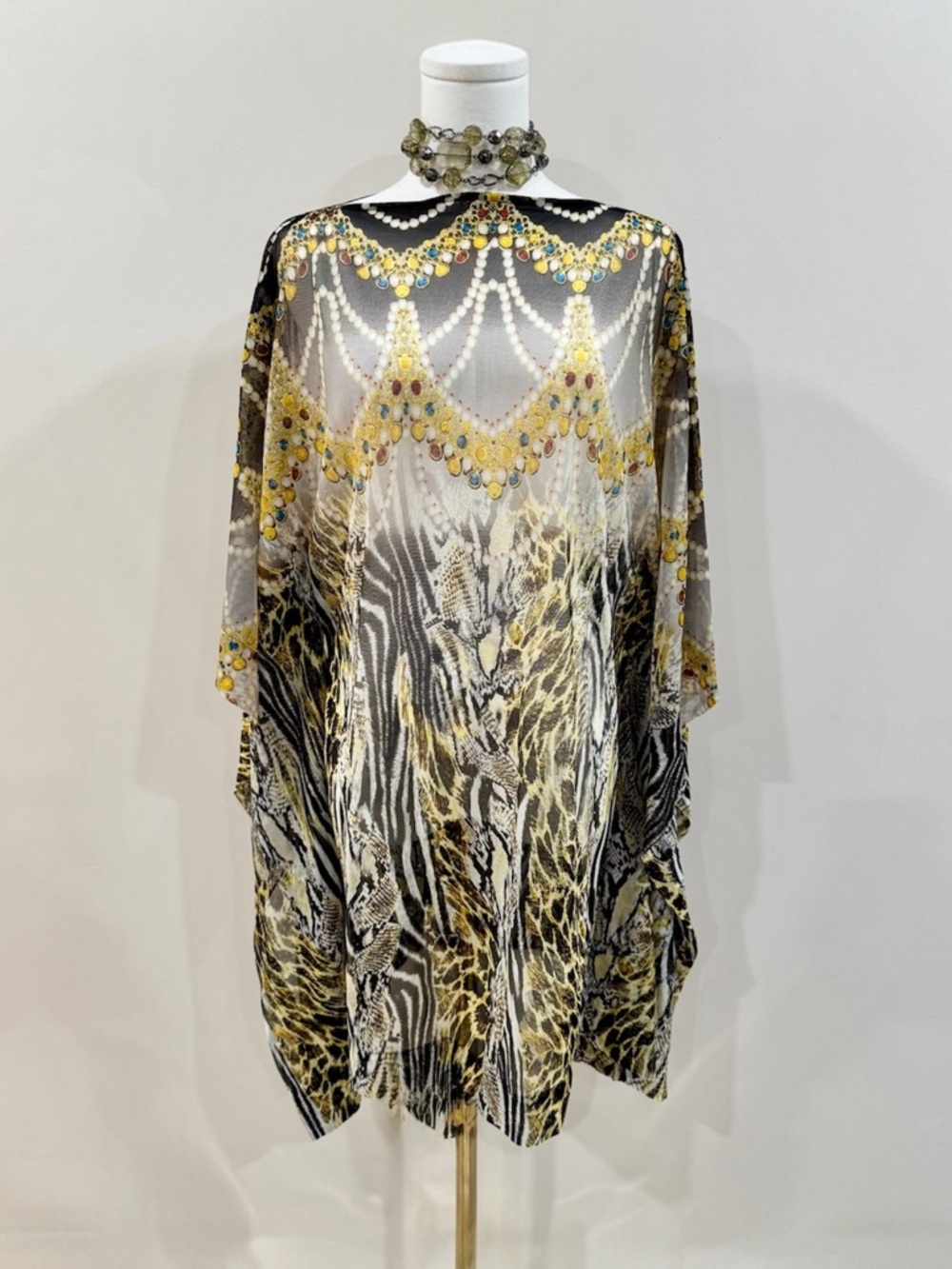 Y2K Spiegel Sheer Animal Print Caftan Tunic Baroque Chain Mesh Top Resort Mini